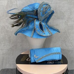 Champagne Italy Hat & Purse Set Womens Blue Wide Brim Rhinestone Derby Church
